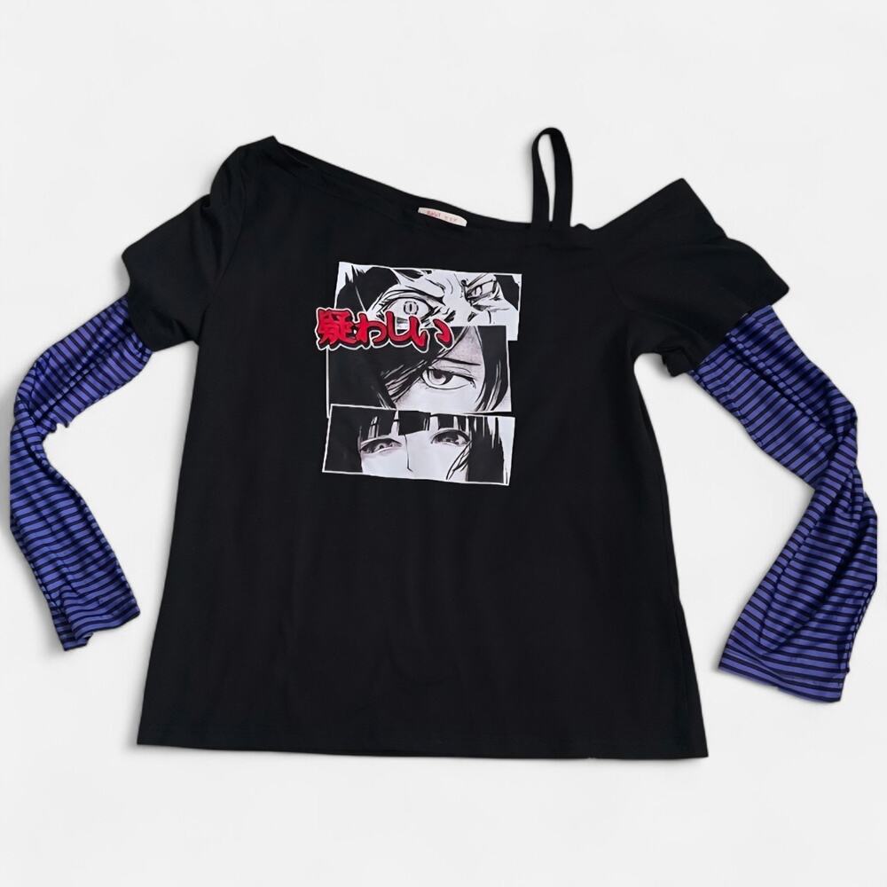 ROMWE Black Grunge Punk Manga Kawaii Graphic Women's Long Sleeve Top XL